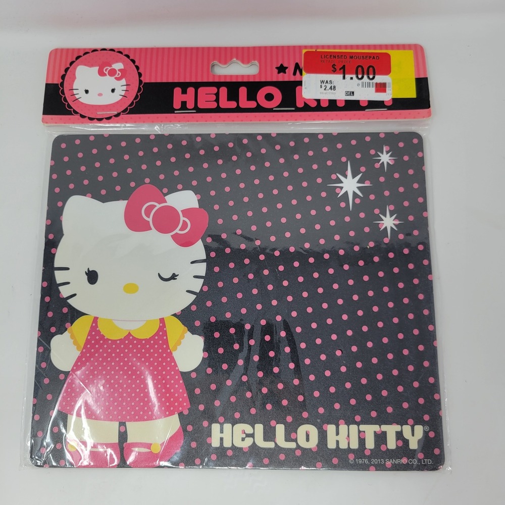 Hello Kitty Sanrio Mouse Pad Black Pink Polka Dot Winking 2013‎ Sakar NIP